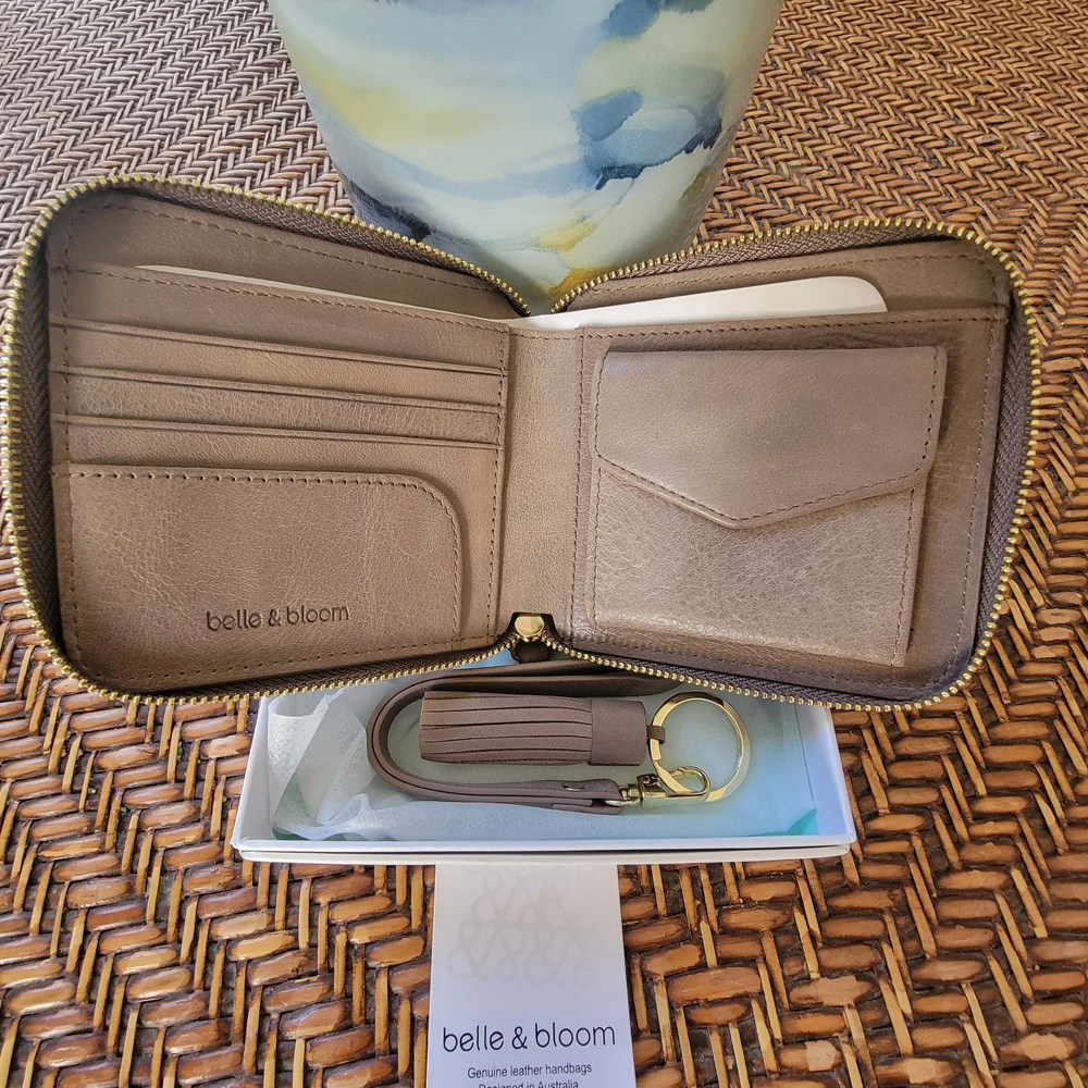Belle & Bloom Tan Leather Wallet Wristlet With Tasseled Key Ring